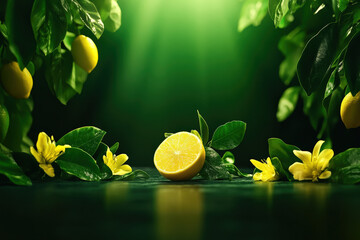 Poster - A vibrant display of lemons surrounded by lush green leaves and yellow flowers, illuminated by soft, diffused light.