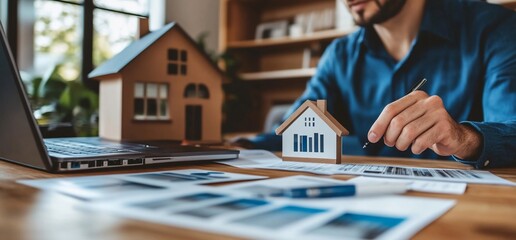 Poster - A man reviewing financial documents and a house model while working on a laptop.