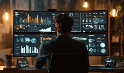 Poster - A man sits at a desk in front of two large monitors displaying data and graphs, looking at the screens.