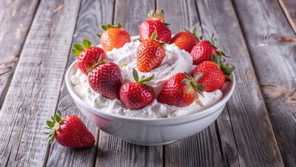 Poster - A bowl filled with freshly whipped cream, topped with ripe strawberries, a delicious and refreshing dessert option.