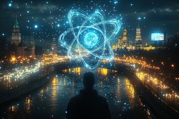 Wall Mural - Glowing blue atom with swirling energy lines