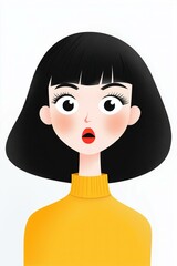 Illustration of a surprised woman with black bob haircut and vivid yellow turtleneck sweater.