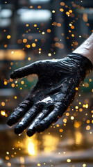 Fototapete - A hand wearing a black glove is extended, surrounded by sparkling particles, creating a dynamic and artistic effect.