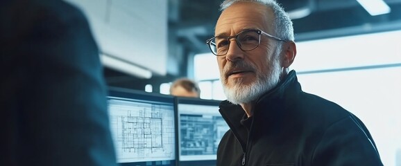 Poster - A mature man with glasses and a beard is looking at the camera, standing in a modern office with computer screens.