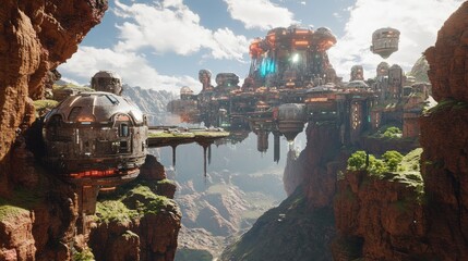 Aufkleber - A stunning view of an alien city suspended between rocky cliffs under a bright sky with clouds at midday