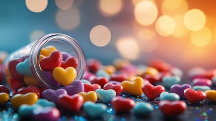 Poster - Colorful heart-shaped candies scattered with a vibrant backdrop, creating a playful atmosphere of joy and celebration