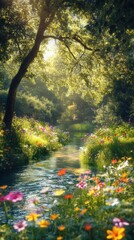 Aufkleber - A serene river bank full of colorful flowers and lush greenery in a peaceful natural setting during the golden hour
