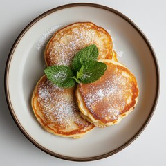 Aufkleber - Fluffy pancakes topped with powdered sugar and mint leaves on a clean, white plate during a sunny breakfast setting