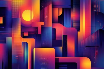 Poster - A vibrant abstract design featuring geometric shapes, gradients, and a bold color palette of purple, orange, and yellow against a textured background.