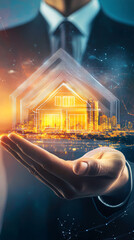 Aufkleber - Businessman presenting a futuristic glowing house over a cityscape with network connection lines