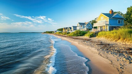 Aufkleber - A serene view of the Cape Cod coastline with charming houses and gentle waves under a bright sky at sunset