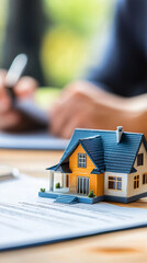 Poster - Real estate agent signing a contract with a miniature house on top, concept of real estate investment