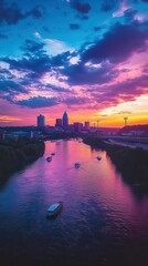 Poster - A breathtaking sunset over the Tennessee River with vibrant colors and boats capturing the essence of evening tranquility in the city