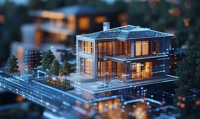 Fototapete - A modern house with glowing blue lines, representing smart home technology and automation, against a backdrop of a city skyline.