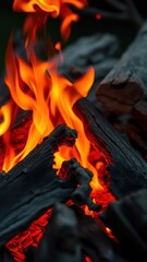 Flames dance over burning embers in a close-up view of a campfire