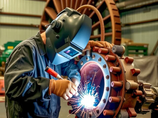 A man in a black jacket is working on a piece of machinery. Concept of hard work and dedication, as the man is focused on his task. The machinery itself appears to be old and in need of repair