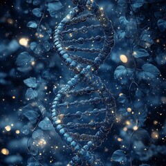 A 3D rendering of a DNA double helix with a blurred background of blue leaves and glowing lights.