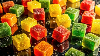 Poster - A close-up shot of colorful, square shaped jelly candies with a sugary coating, scattered on a black surface, capturing the vibrant colors and texture of these sweet treats.