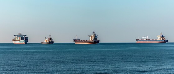 Four large cargo ships navigate the serene expanse of a calm ocean under a pale blue sky, symbolizing global commerce and connectivity.