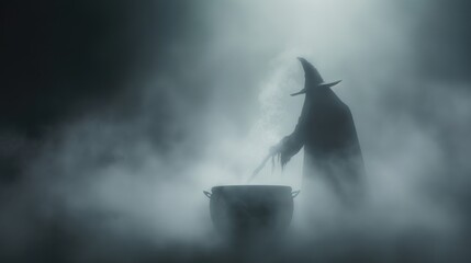 A mysterious silhouette of a cloaked figure with a pointed hat stands over a cauldron, surrounded by swirling fog.