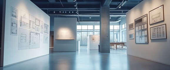 Aufkleber - A modern, minimalist art gallery with white walls and a concrete floor. Artwork is displayed on the walls, and there is a window on the far side of the gallery.