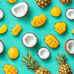 Poster - A vibrant seamless pattern of tropical fruits featuring pineapple, coconut, and lemon on a teal background for a fresh summer design