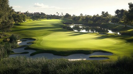 Wall Mural - A serene golf course landscape featuring lush green fairways, sand traps, and a reflective water body under a clear sky.