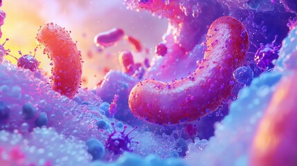 Colorful microscopic view of bacteria interacting with cells in a vibrant environment during a scientific exploration