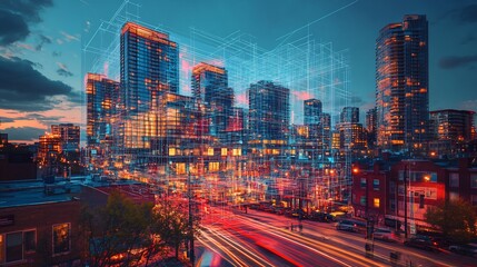 Poster - A nighttime cityscape with a glowing digital grid overlay, representing the concept of urban technology and connectivity.