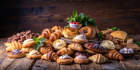 Aufkleber - A Festive Tabletop Arrangement of Freshly Baked Bread and Pastry Products with a Rustic Wood Background