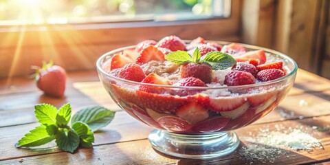 Poster - A bowl of sliced strawberries with a sprig of mint, bathed in sunlight on a wooden table