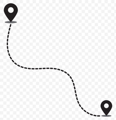 Poster - Route icon between two points with dotted path and location pin. Location pointer continuous one line drawing. GPS navigation line route mark. Vector illustration isolated on transparent Black ground.