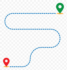 Poster - Route icon between two points with dotted path and location pin. Location pointer continuous one line drawing. GPS navigation line route mark. Vector illustration isolated on transparent Black ground.