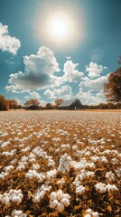 Poster - A serene rural landscape showcasing a cotton field bathed in sunlight with a quaint barn in the distance on a clear day