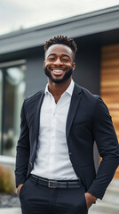 Canvas Print - Young businessman is smiling outside an office building with his hands in his pockets