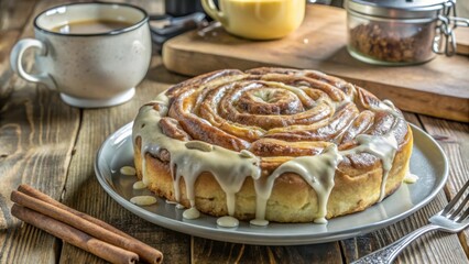Aufkleber - A Sweet Cinnamon Roll with Drizzled Glaze, Served on a Rustic Wooden Table with a Cup of Coffee and Cinnamon Sticks