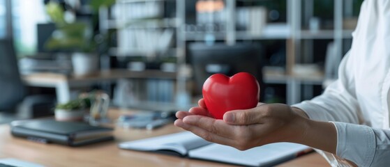 A hand gently cradles a vivid red heart in a bright, modern office, symbolizing care and compassion amidst professionalism.