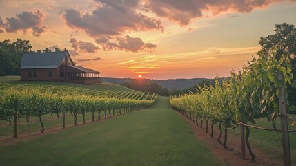 Poster - Stunning sunset over lush vineyards and rustic farmhouse in the countryside