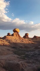 Poster - A breathtaking view of the towering rock formations against a vibrant sunset sky in a remote desert landscape