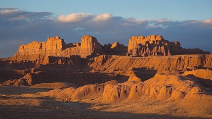 Poster - Stunning golden hour light casts shadows on the rugged rock formations in a serene desert landscape at dusk