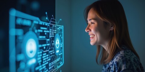 Poster - Smiling Woman Interacting with AI Hologram Display