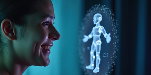 Poster - Smiling Woman Interacting with Holographic AI Figure