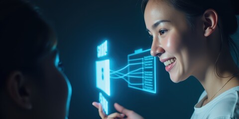 Poster - Smiling Woman Interacting with AI Hologram