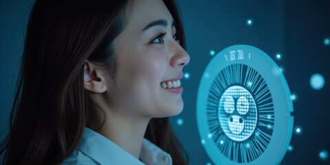 Poster - Smiling Woman with Digital AI Companion Interaction