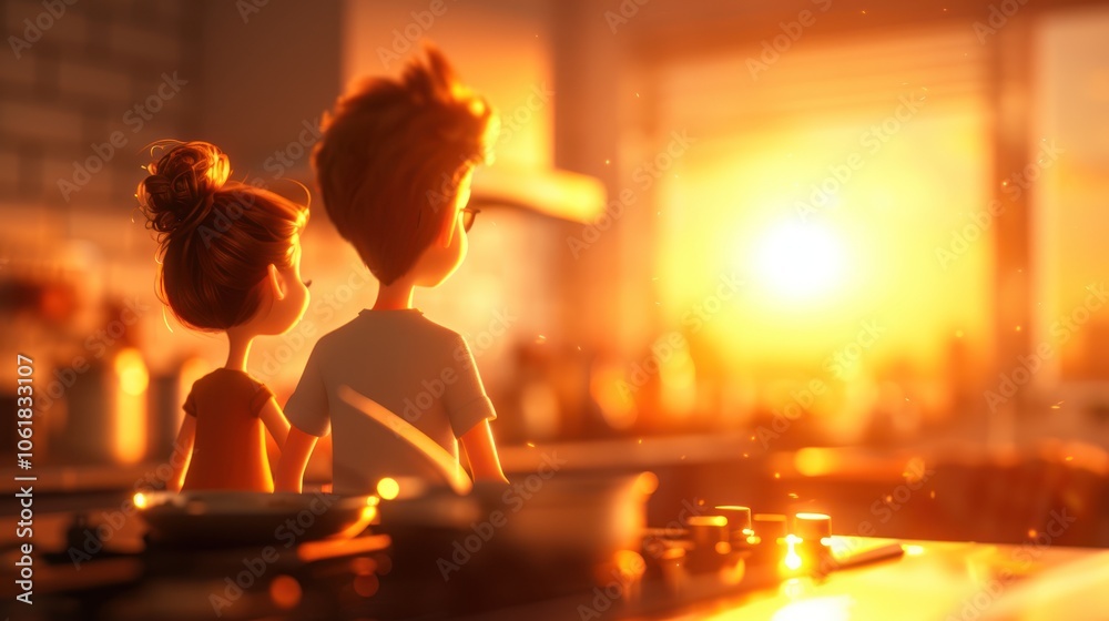A warm, animated scene depicting two children enjoying a sunset from ...