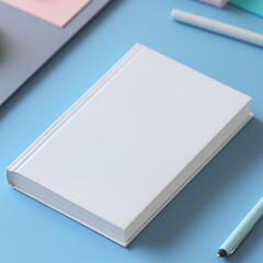 A mock up of blank white book on a plain blue background, lying flat on plain