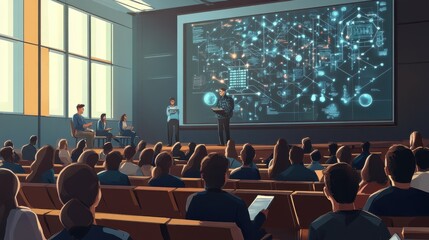 Aufkleber - A modern university lecture hall during a technology presentation with students engaged in interactive learning