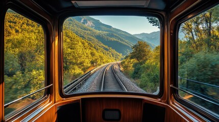 Poster - A panoramic view of lush landscapes from the back of a train car traveling through a mountain valley at sunset