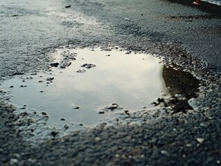 Aufkleber - A shallow puddle reflecting the sky and surroundings on wet asphalt after a brief rain shower