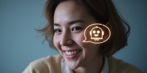 Poster - Smiling Woman with Chatbot Icon Overlay